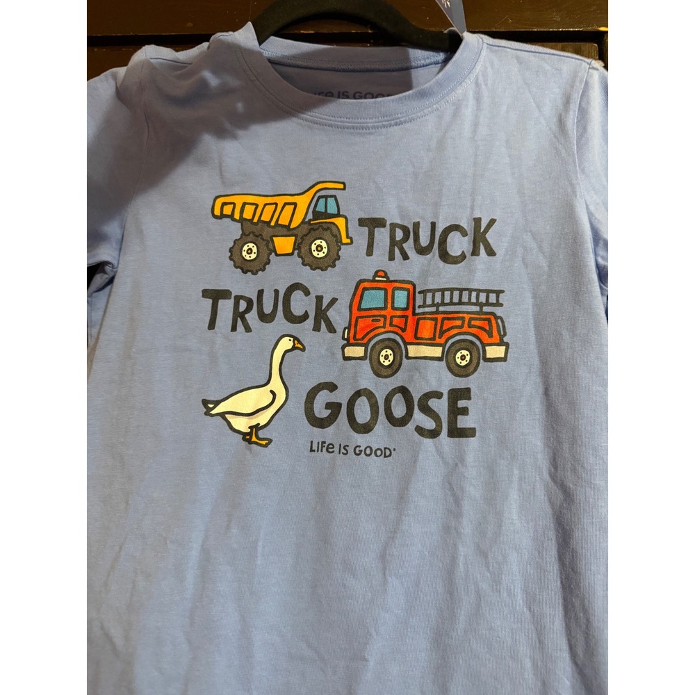 Life is Good Kids Crusher Tee Blue Truck Truck Goose Graphic T-Shirt Size L
